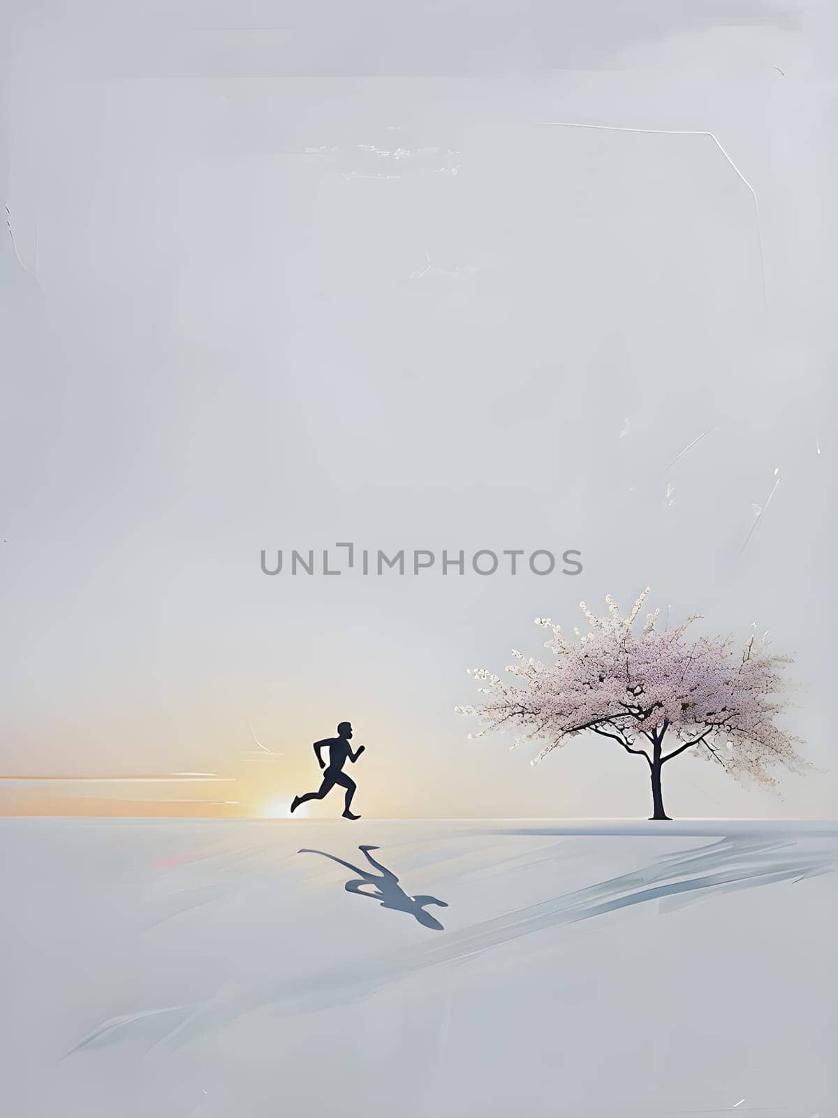 Abstract minimalist spring scene with a single, sharp silhouette of a running athlete and of a blooming tree on a vast light grey canvas, with subtle color gradients hinting at spring freshness