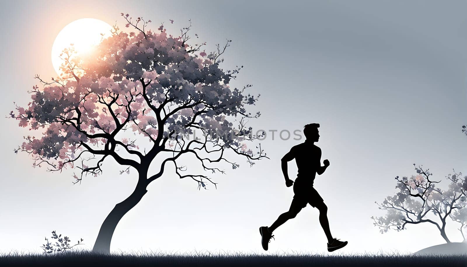 Abstract minimalist spring scene with a single, sharp silhouette of a running athlete and of a blooming tree on a vast light grey canvas, with subtle color gradients hinting at spring freshness