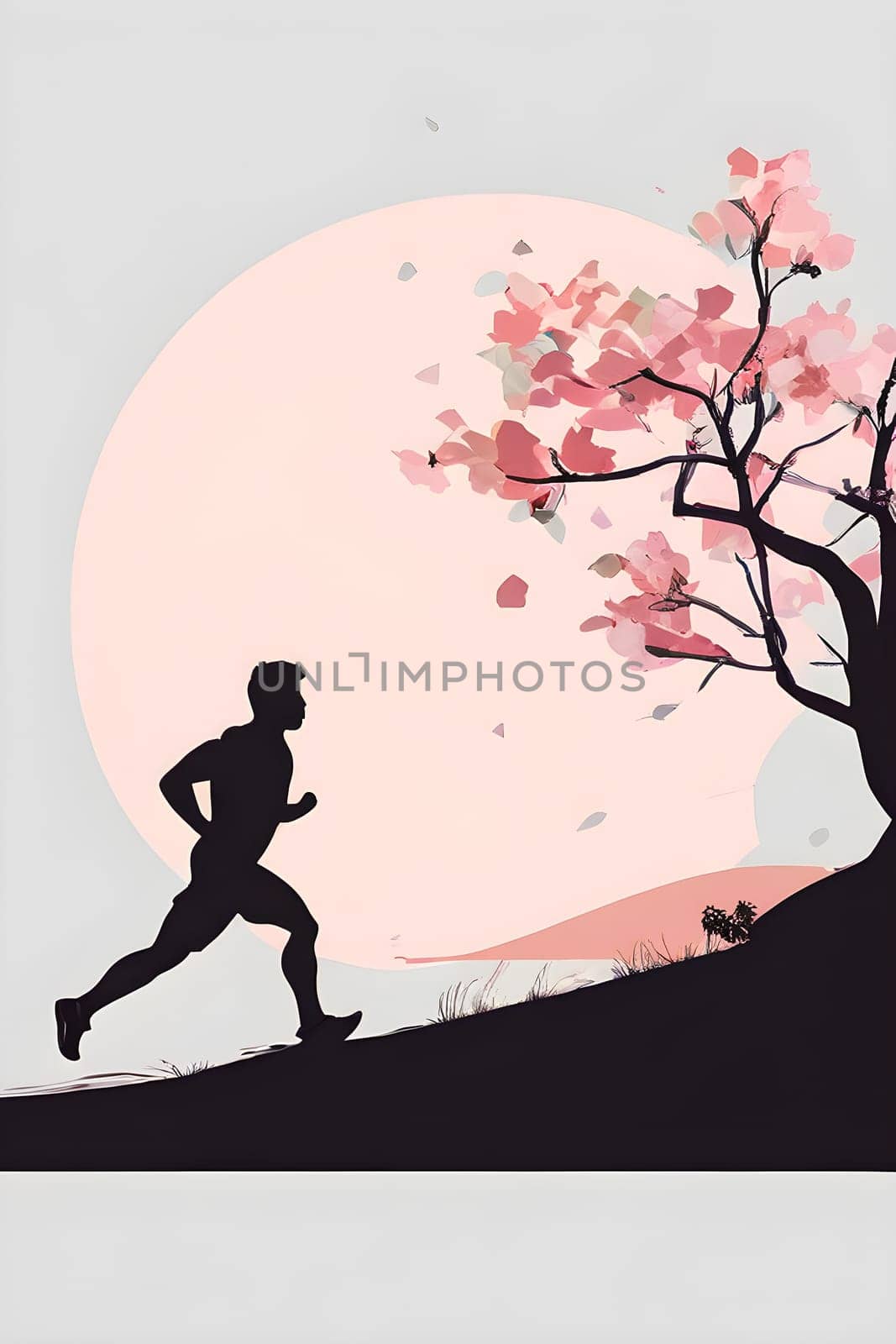 Abstract minimalist spring scene with a single, sharp silhouette of a running athlete and of a blooming tree on a vast light grey canvas, with subtle color gradients hinting at spring freshness