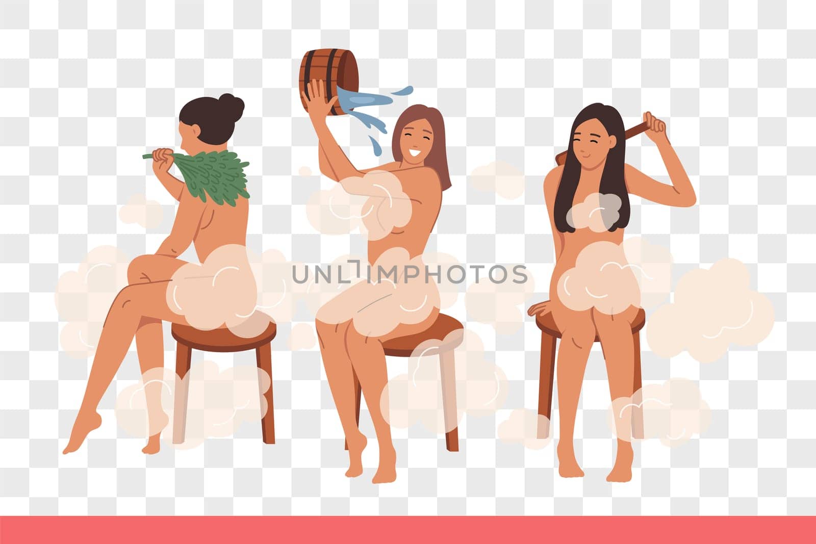 Woman visiting sauna or bathhouse sits naked on stool and douses herself with water or uses birch broom to obtain relaxing effect. Leaking girl finnish sauna visitor enjoying SPA treatments