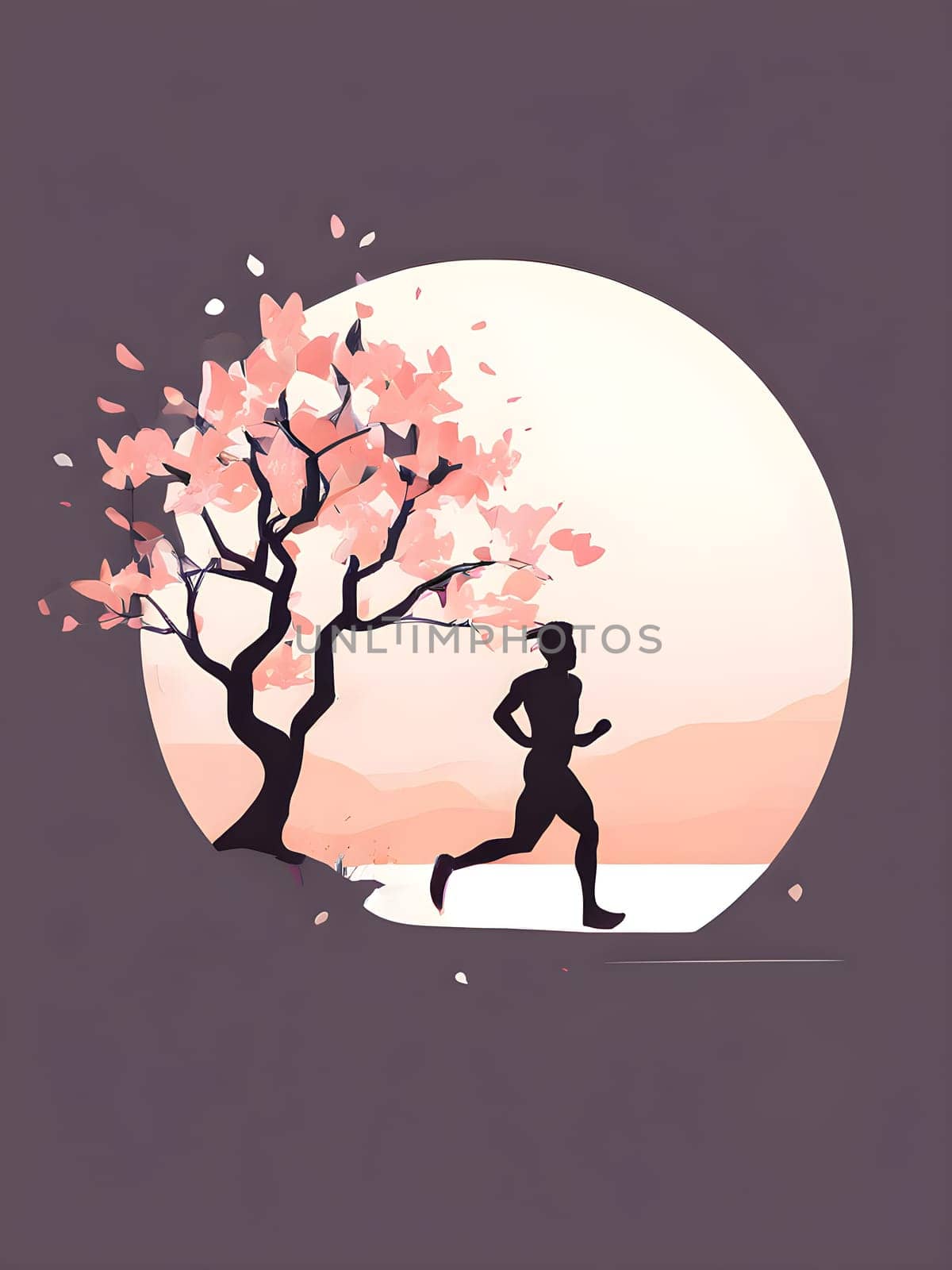 Abstract minimalist spring scene with a single, sharp silhouette of a running athlete and of a blooming tree on a vast light grey canvas, with subtle color gradients hinting at spring freshness