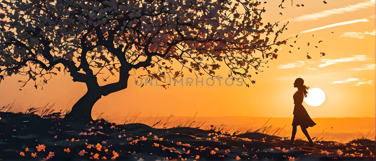 Abstract minimalist spring scene with a single, sharp silhouette of a young woman and of a blooming tree on a vast light grey canvas, with subtle color gradients hinting at spring freshness