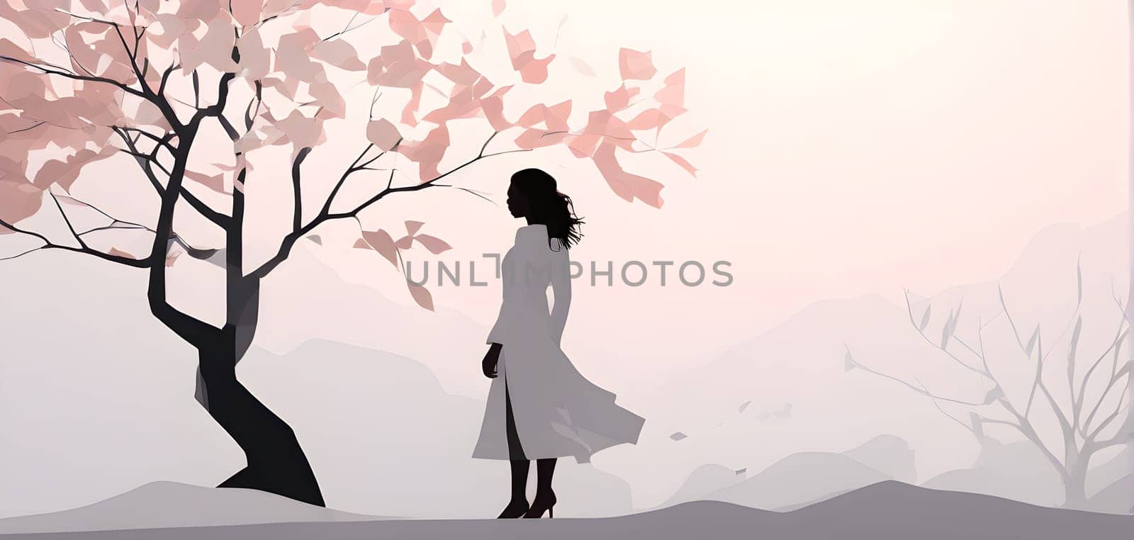 Abstract minimalist spring scene with a single, sharp silhouette of a young woman and of a blooming tree on a vast light grey canvas, with subtle color gradients hinting at spring freshness