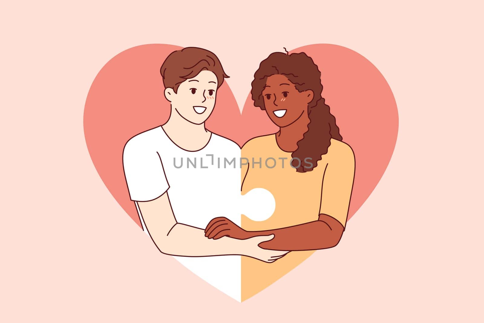 Love between diverse couple and with man and woman holding hands and consisting of puzzle pieces. Multiracial love or romantic relationships through mutual understanding or equality