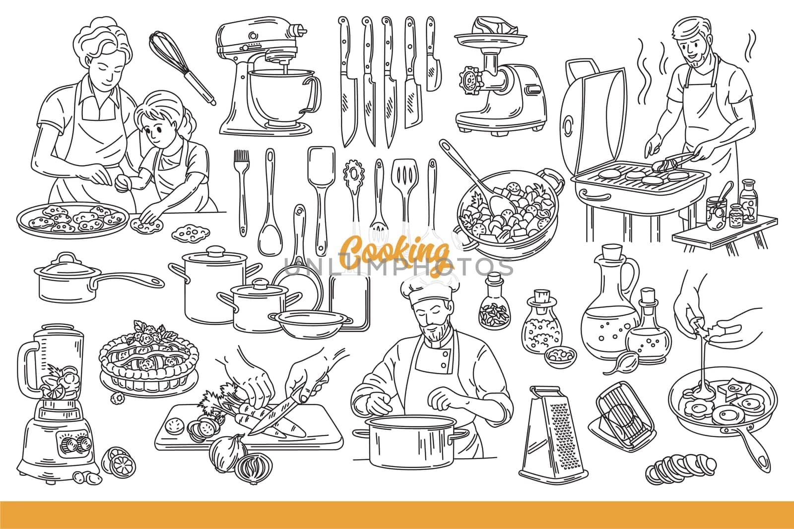 Cooking word near chefs and housewives or kitchen utensils and equipment for making dinner. Cooking background with culinary elements and food in process of slicing or hot processing. Hand drawn.