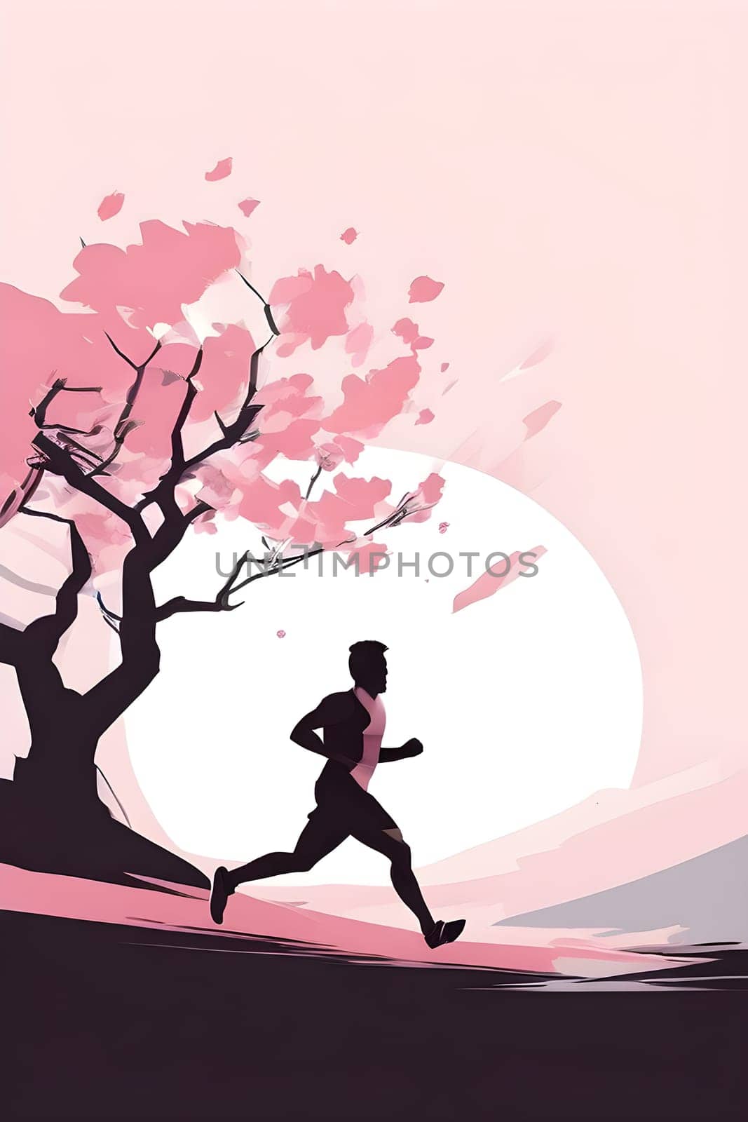 Abstract minimalist spring scene with a single, sharp silhouette of a running athlete and of a blooming tree on a vast light grey canvas, with subtle color gradients hinting at spring freshness