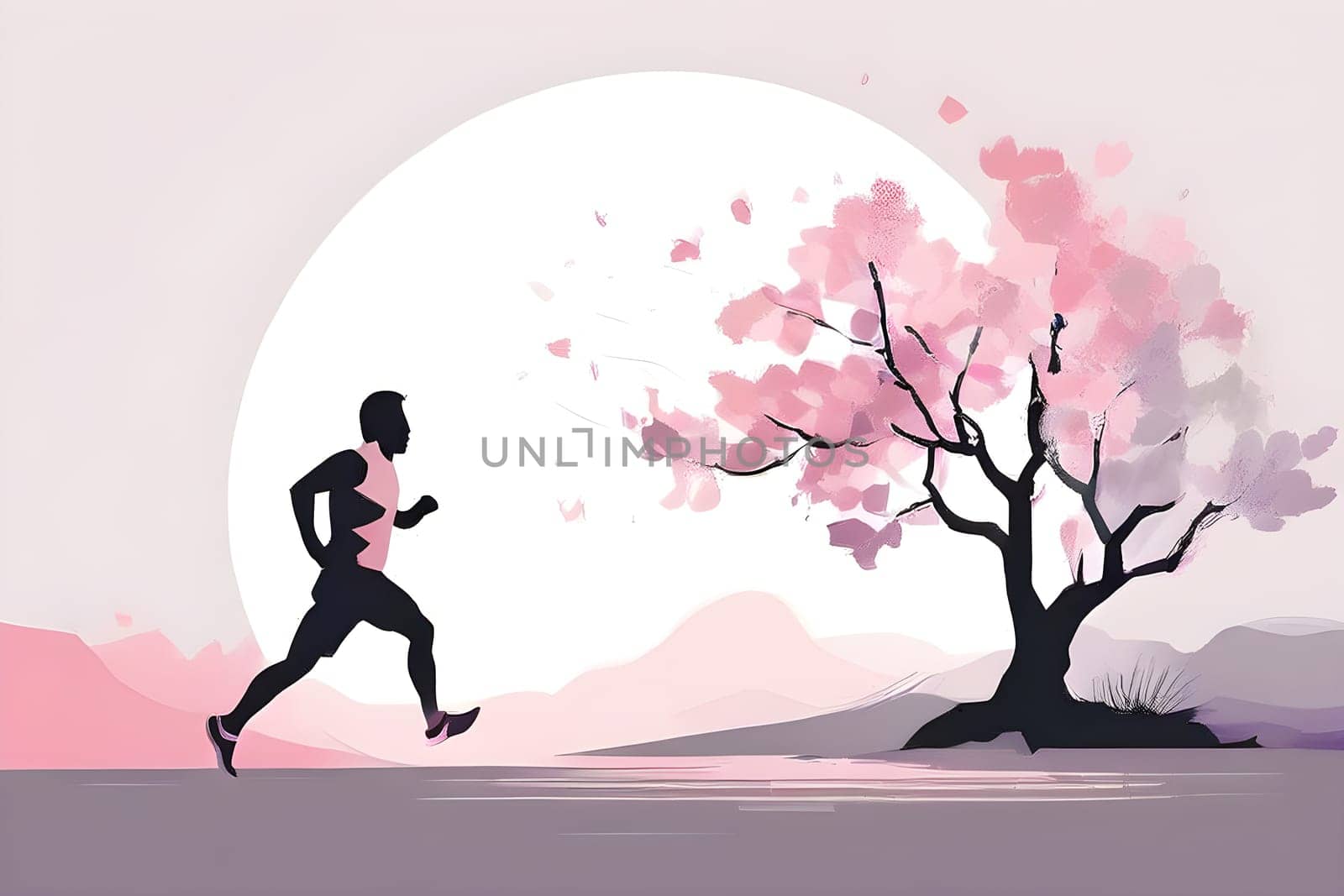 Abstract minimalist spring scene with a single, sharp silhouette of a running athlete and of a blooming tree on a vast light grey canvas, with subtle color gradients hinting at spring freshness