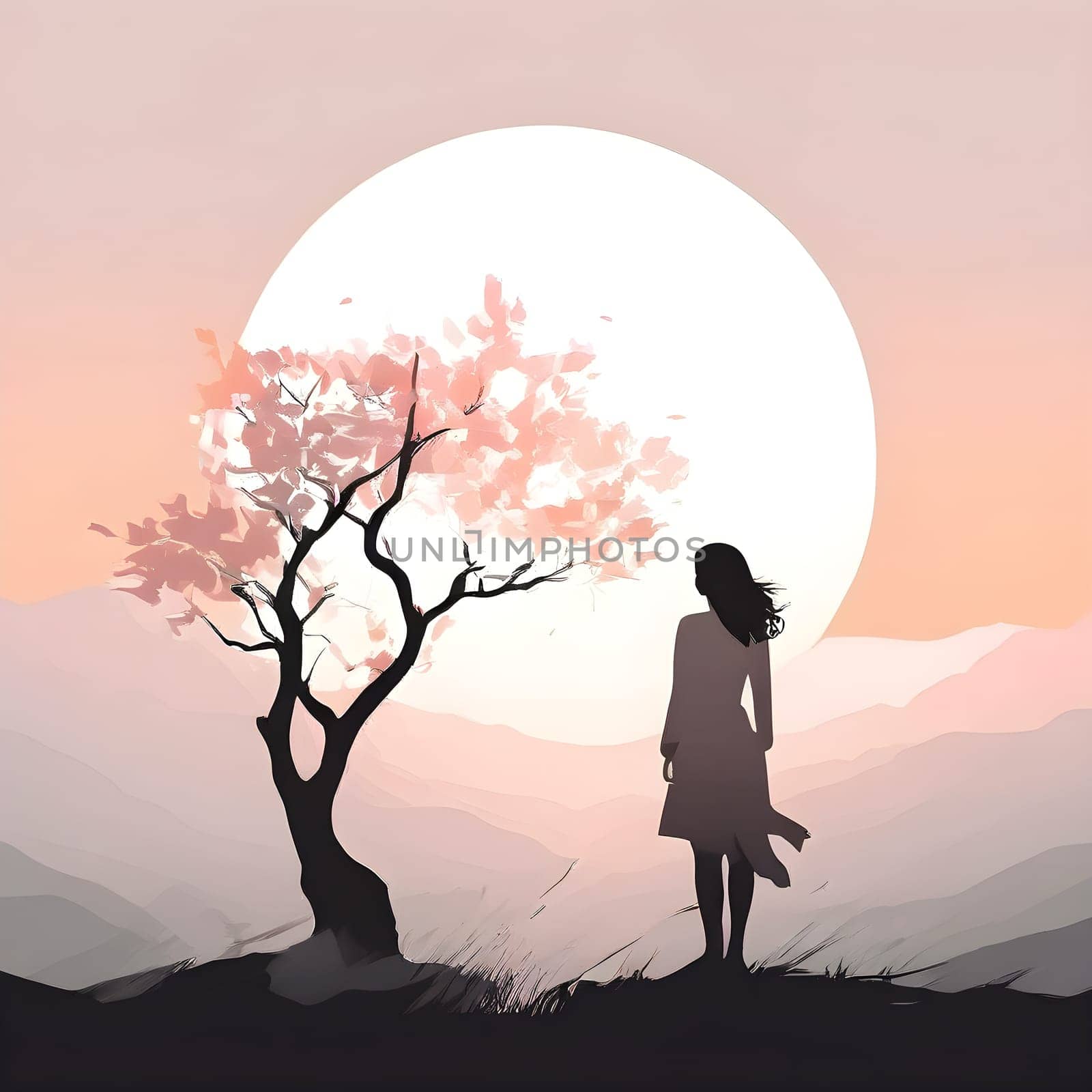 Abstract minimalist spring scene with a single, sharp silhouette of a young woman and of a blooming tree on a vast light grey canvas, with subtle color gradients hinting at spring freshness