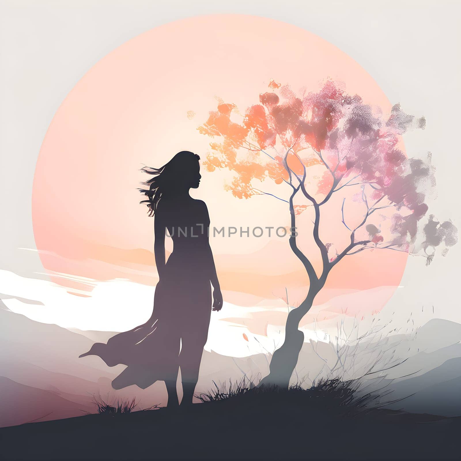 Abstract minimalist spring scene with a single, sharp silhouette of a young woman and of a blooming tree on a vast light grey canvas, with subtle color gradients hinting at spring freshness