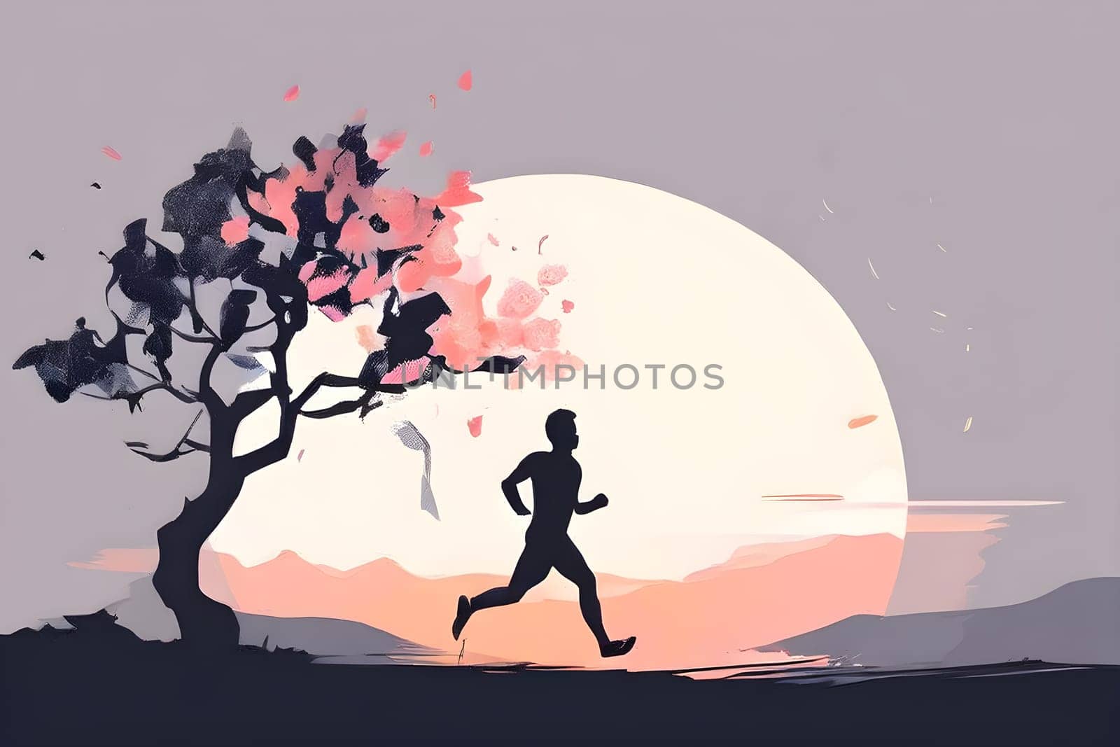 Abstract minimalist spring scene with a single, sharp silhouette of a running athlete and of a blooming tree on a vast light grey canvas, with subtle color gradients hinting at spring freshness
