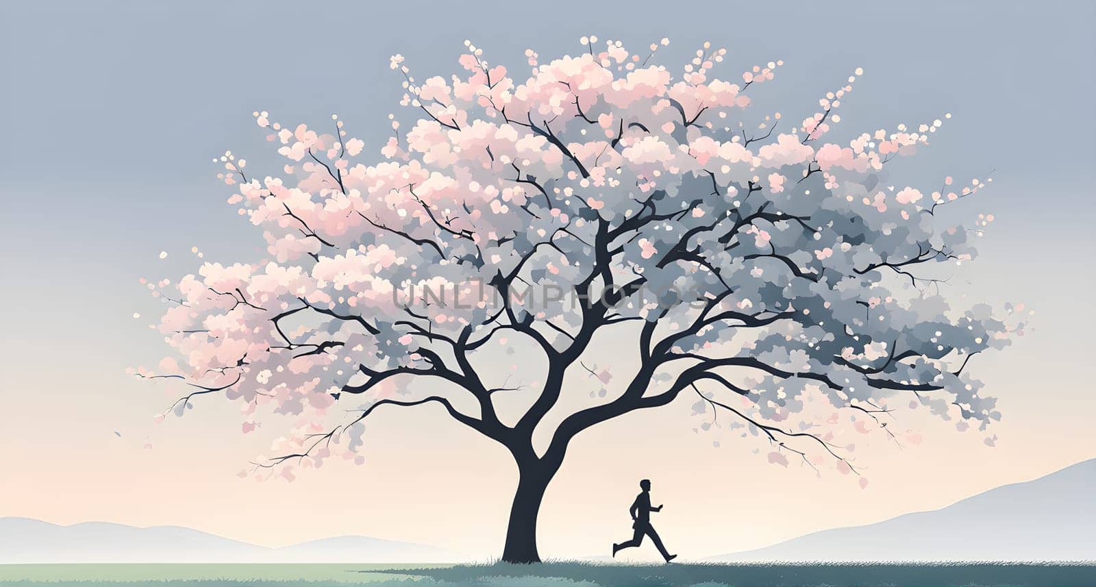 Abstract minimalist spring scene with a single, sharp silhouette of a running athlete and of a blooming tree on a vast light grey canvas, with subtle color gradients hinting at spring freshness