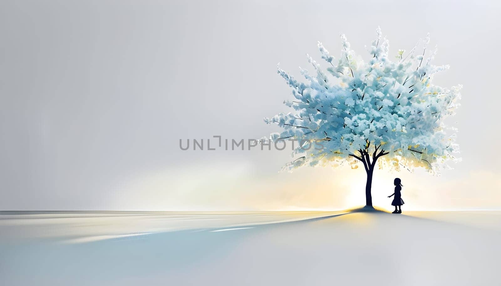 Abstract minimalist spring scene with a single, sharp silhouette of a young woman and of a blooming tree on a vast light grey canvas, with subtle color gradients hinting at spring freshness