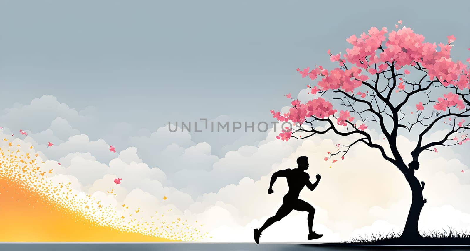 Abstract minimalist spring scene with a single, sharp silhouette of a running athlete and of a blooming tree on a vast light grey canvas, with subtle color gradients hinting at spring freshness