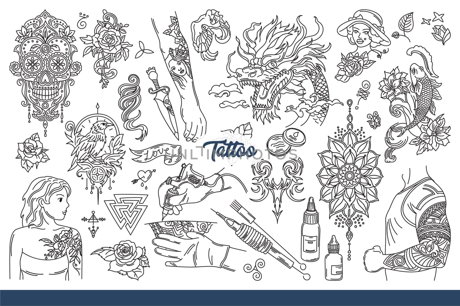 Lettering tattoo among sketches for patterns on body and needles or ink for applying design. Tattoo pictures in form of mask and flower or dagger with asian dragon and japanese fish. Hand drawn.