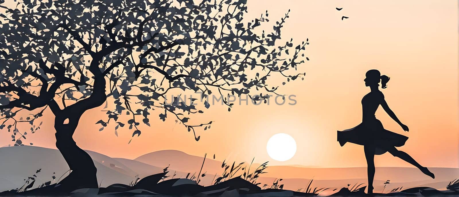 Abstract minimalist spring scene with a single, sharp silhouette of a young woman and of a blooming tree on a vast light grey canvas, with subtle color gradients hinting at spring freshness