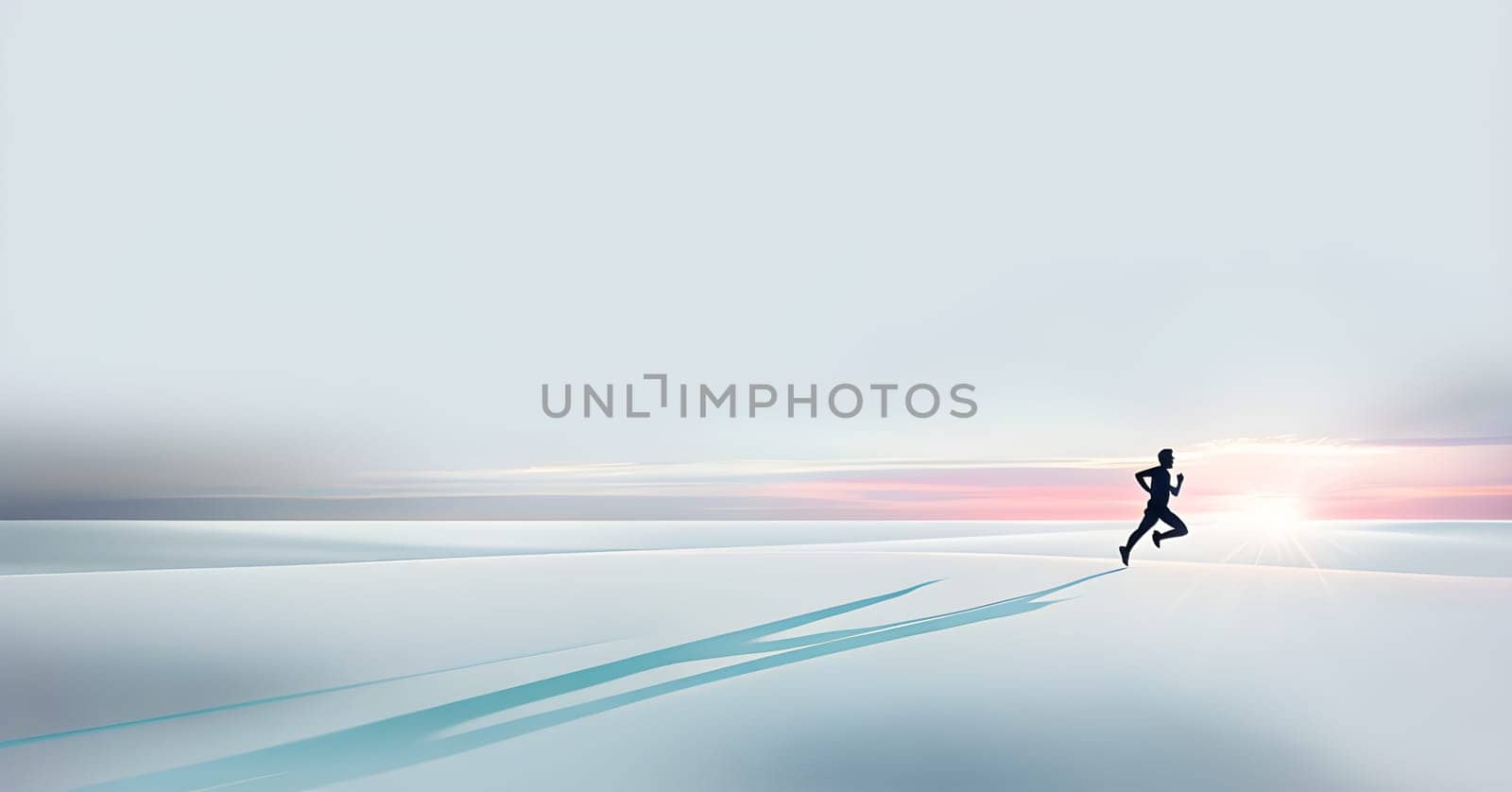 Abstract minimalist spring scene with a single, sharp silhouette of a running athlete and of a blooming tree on a vast light grey canvas, with subtle color gradients hinting at spring freshness