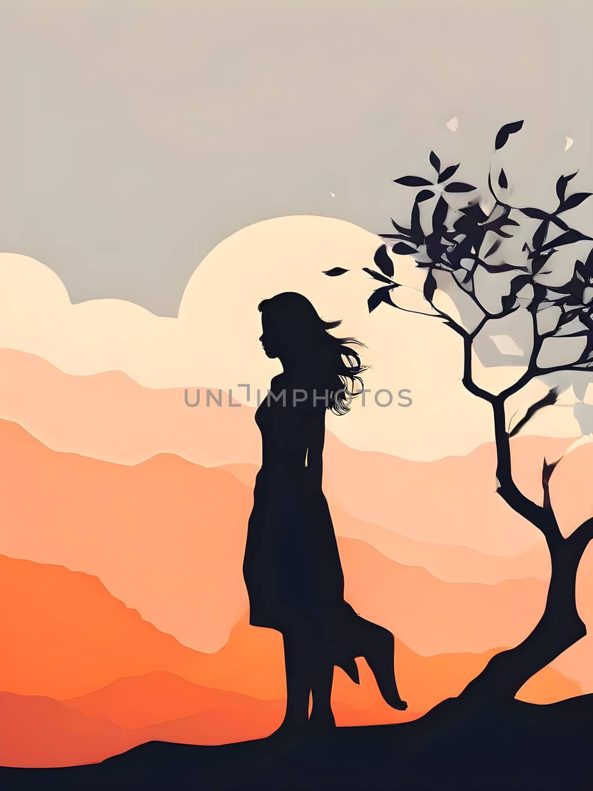 Abstract minimalist spring scene with a single, sharp silhouette of a young woman and of a blooming tree on a vast light grey canvas, with subtle color gradients hinting at spring freshness