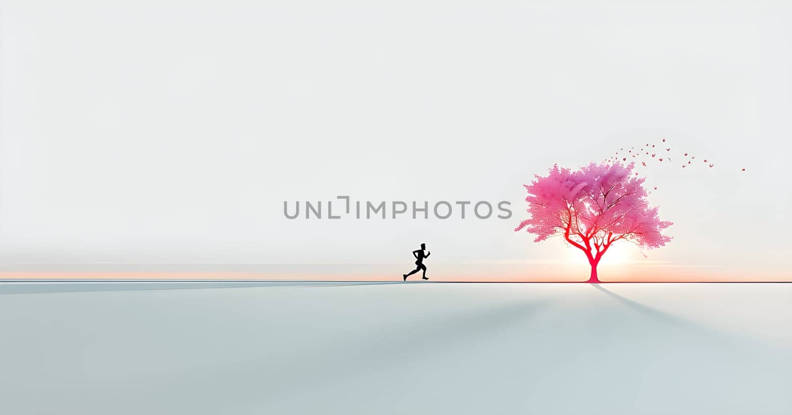 Abstract minimalist spring scene with a single, sharp silhouette of a running athlete and of a blooming tree on a vast light grey canvas, with subtle color gradients hinting at spring freshness