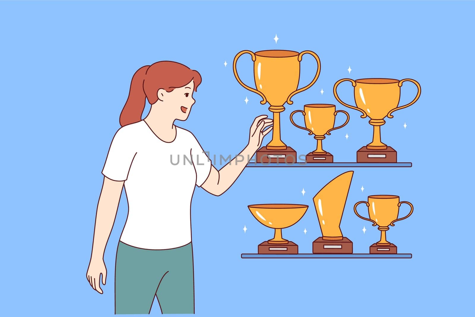 Woman leader stands near gold awards and cups won in sports competitions or professional competitions. Girl leader is proud to have trophies earned for outstanding results in business