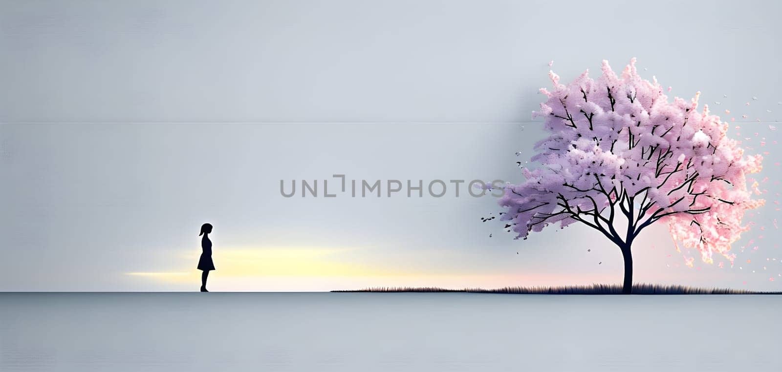 Abstract minimalist spring scene with a single, sharp silhouette of a young woman and of a blooming tree on a vast light grey canvas, with subtle color gradients hinting at spring freshness
