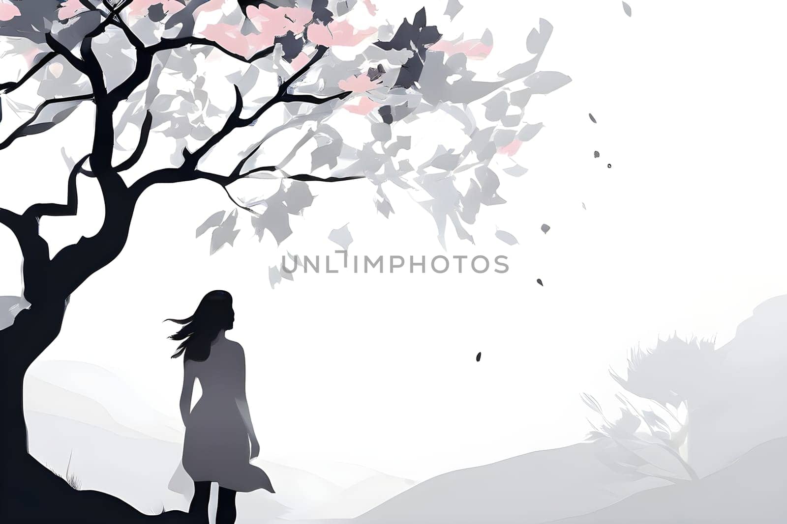 Abstract minimalist spring scene with a single, sharp silhouette of a young woman and of a blooming tree on a vast light grey canvas, with subtle color gradients hinting at spring freshness