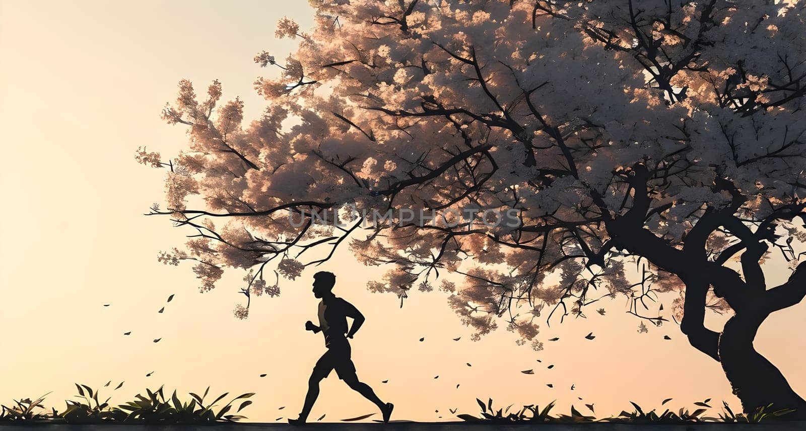 Abstract minimalist spring scene with a single, sharp silhouette of a running athlete and of a blooming tree on a vast light grey canvas, with subtle color gradients hinting at spring freshness