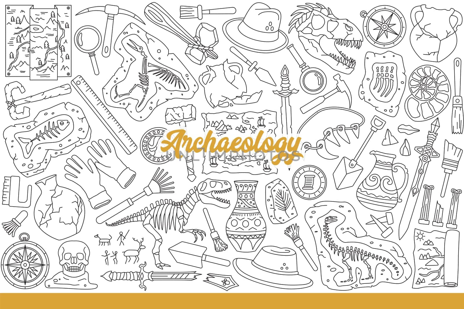 Archaeological tools for scientific excavations in search artifacts or dinosaur bones. Archaeological background with equipment expedition participants studying historical civilizations. Hand drawn