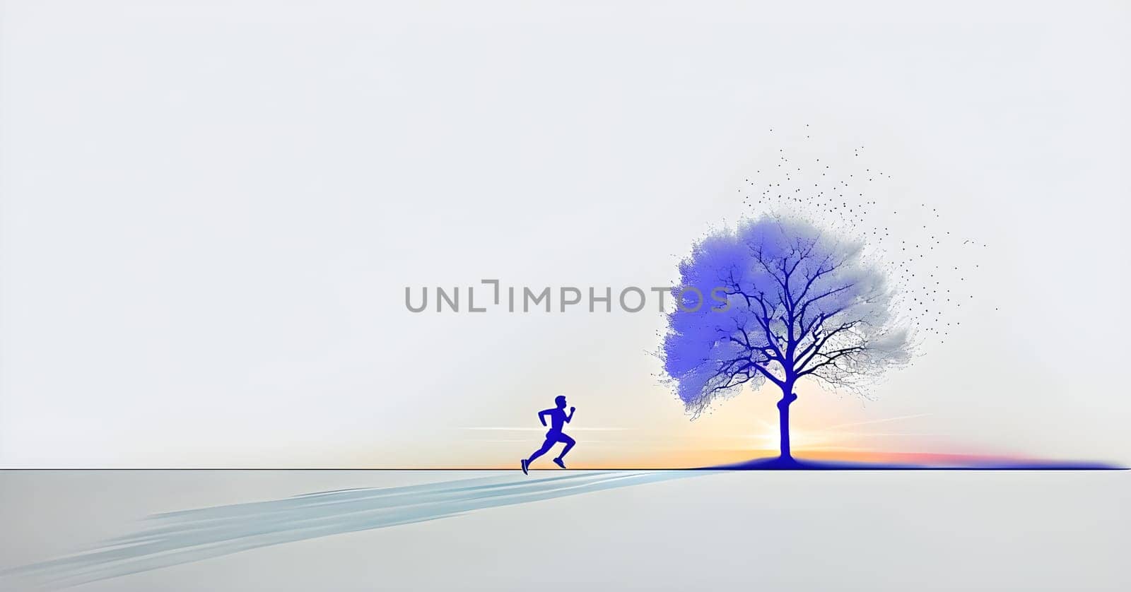 Abstract minimalist spring scene with a single, sharp silhouette of a running athlete and of a blooming tree on a vast light grey canvas, with subtle color gradients hinting at spring freshness