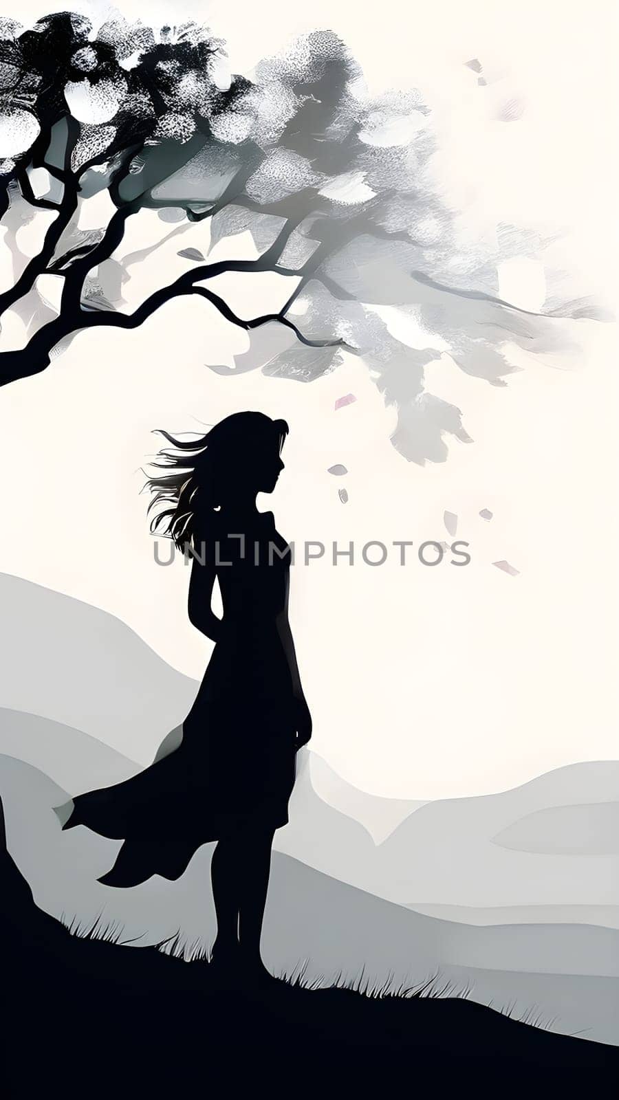 Abstract minimalist spring scene with a single, sharp silhouette of a young woman and of a blooming tree on a vast light grey canvas, with subtle color gradients hinting at spring freshness