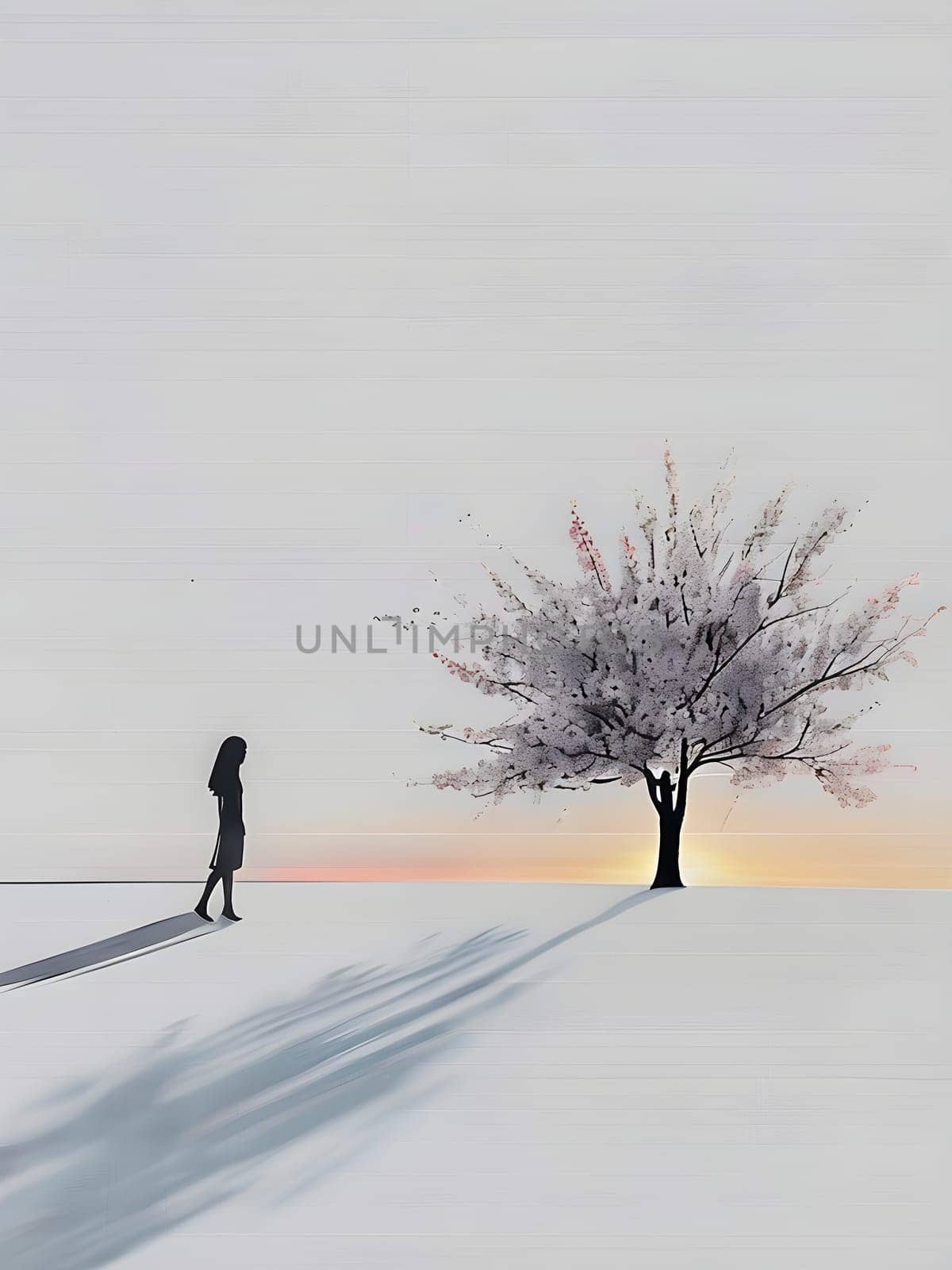 Abstract minimalist spring scene with a single, sharp silhouette of a young woman and of a blooming tree on a vast light grey canvas, with subtle color gradients hinting at spring freshness