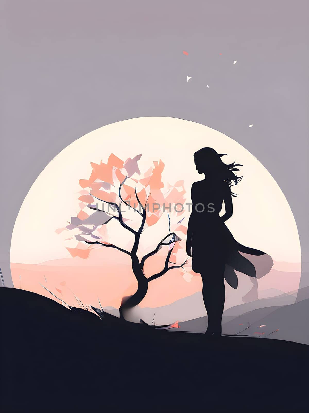 Abstract minimalist spring scene with a single, sharp silhouette of a young woman and of a blooming tree on a vast light grey canvas, with subtle color gradients hinting at spring freshness