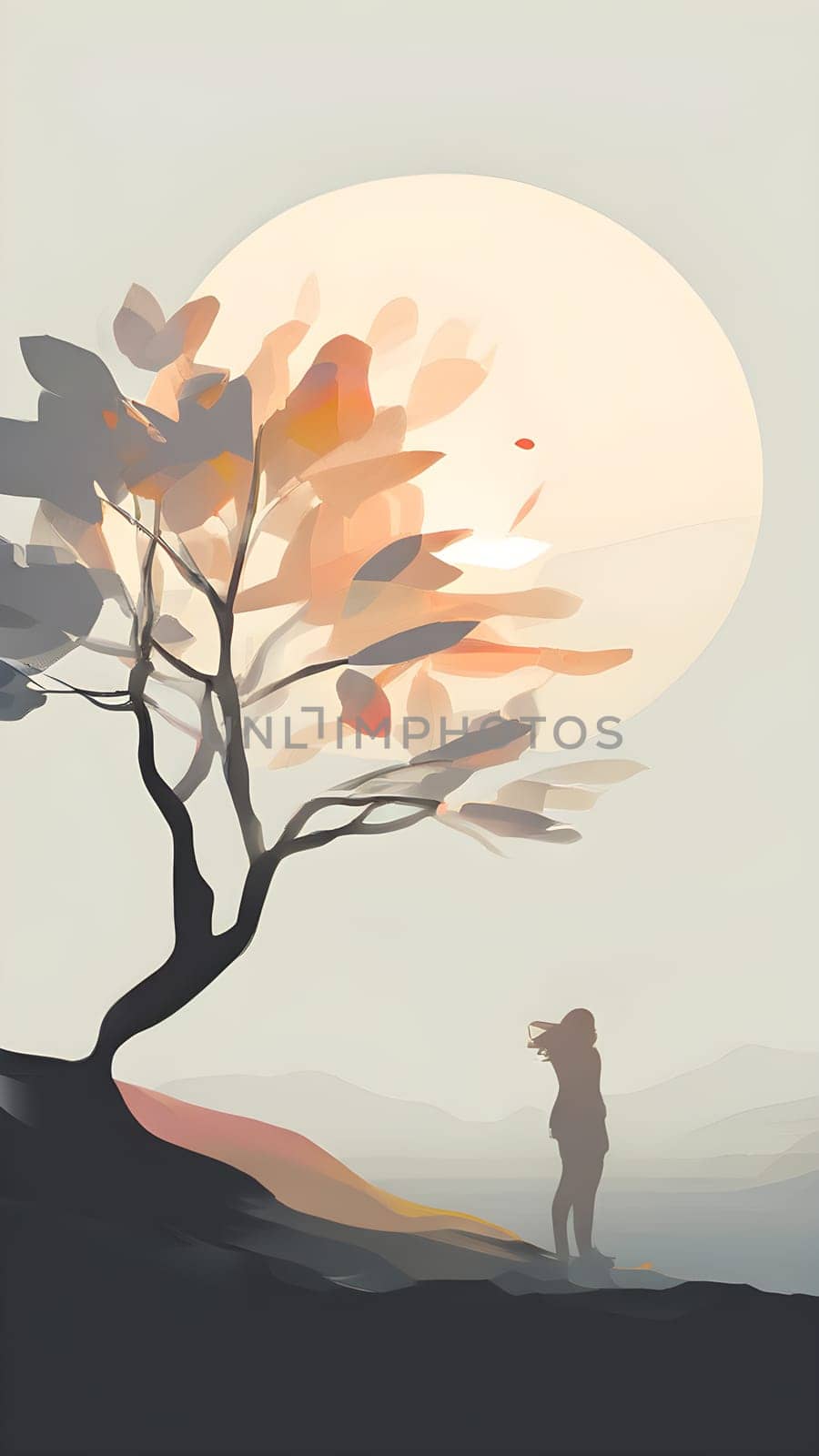 Abstract minimalist spring scene with a single, sharp silhouette of a young woman and of a blooming tree on a vast light grey canvas, with subtle color gradients hinting at spring freshness