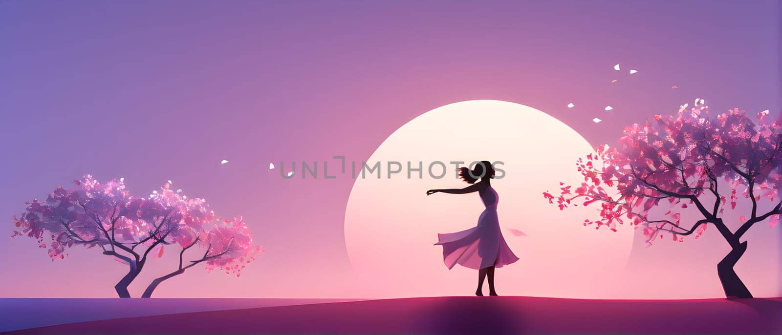 Abstract minimalist spring scene with a single, sharp silhouette of a young woman and of a blooming tree on a vast light grey canvas, with subtle color gradients hinting at spring freshness
