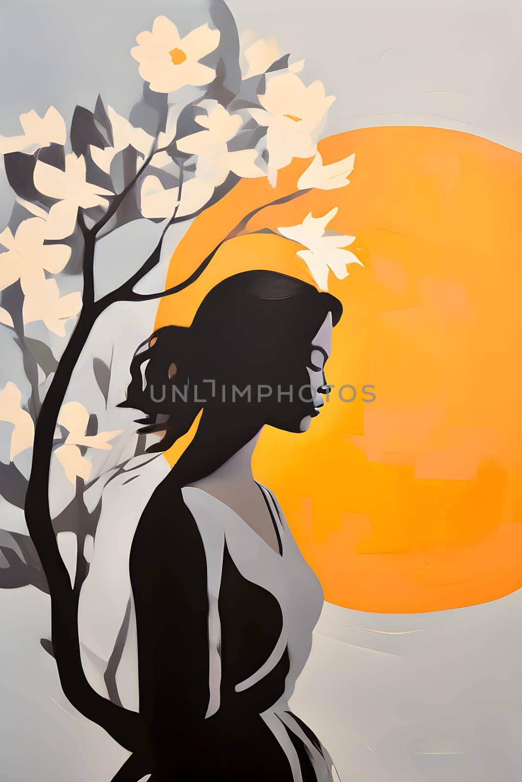 Abstract minimalist spring scene with a single, sharp silhouette of a young woman and of a blooming tree on a vast light grey canvas, with subtle color gradients hinting at spring freshness