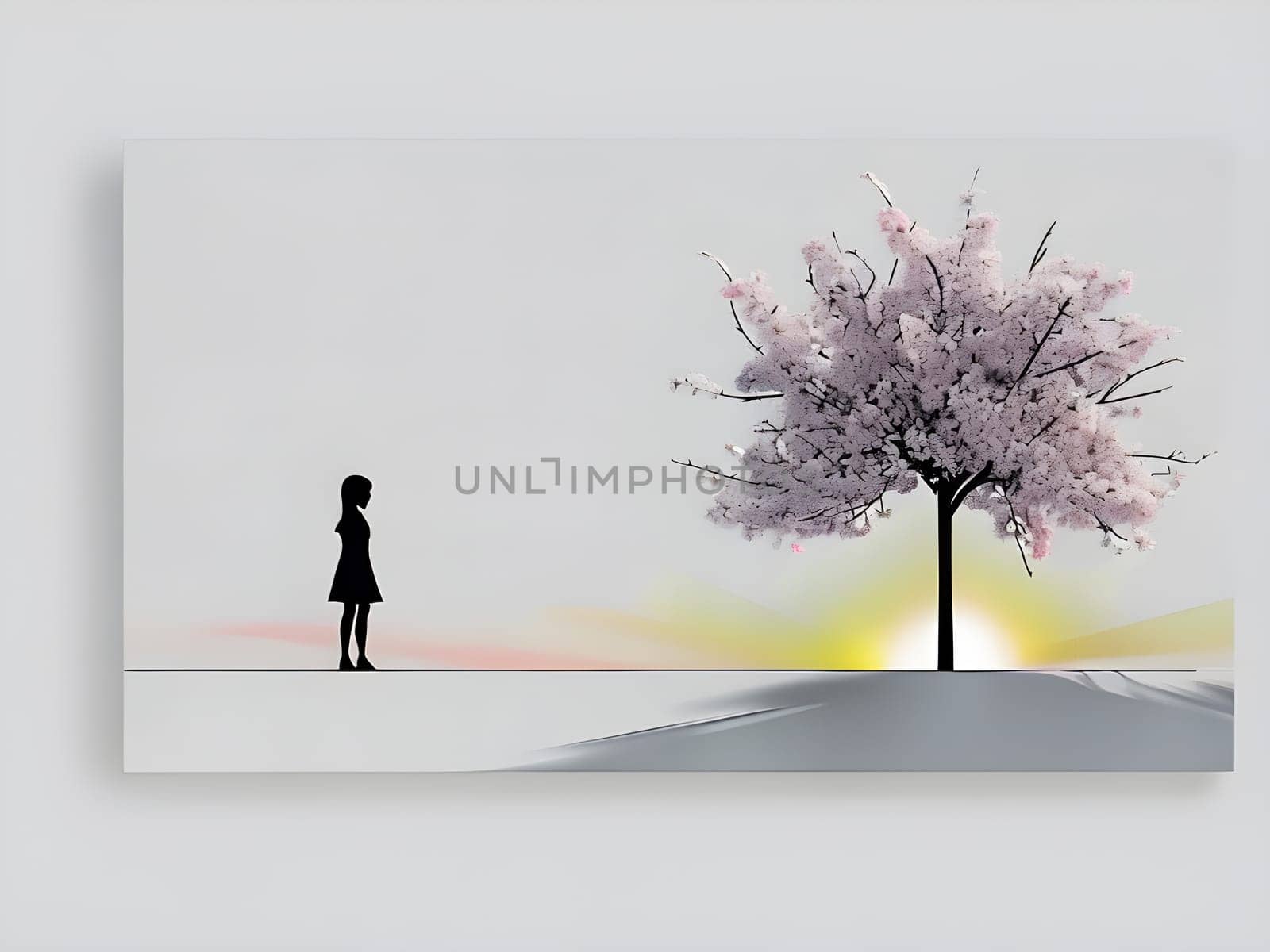 Abstract minimalist spring scene with a single, sharp silhouette of a young woman and of a blooming tree on a vast light grey canvas, with subtle color gradients hinting at spring freshness