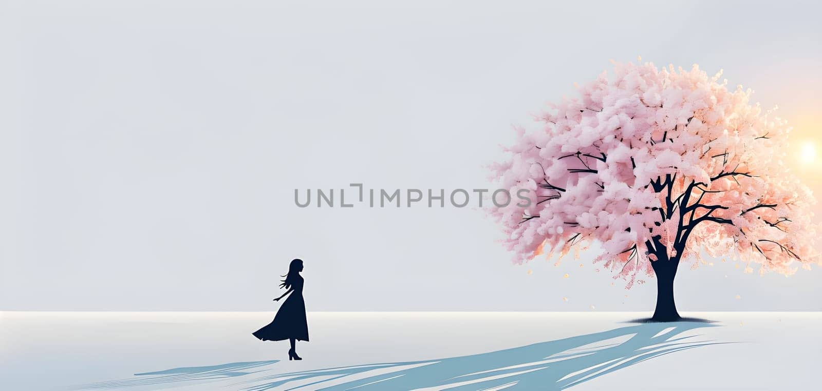 Abstract minimalist spring scene with a single, sharp silhouette of a young woman and of a blooming tree on a vast light grey canvas, with subtle color gradients hinting at spring freshness