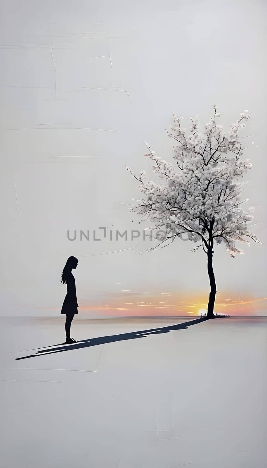 Abstract minimalist spring scene with a single, sharp silhouette of a young woman and of a blooming tree on a vast light grey canvas, with subtle color gradients hinting at spring freshness