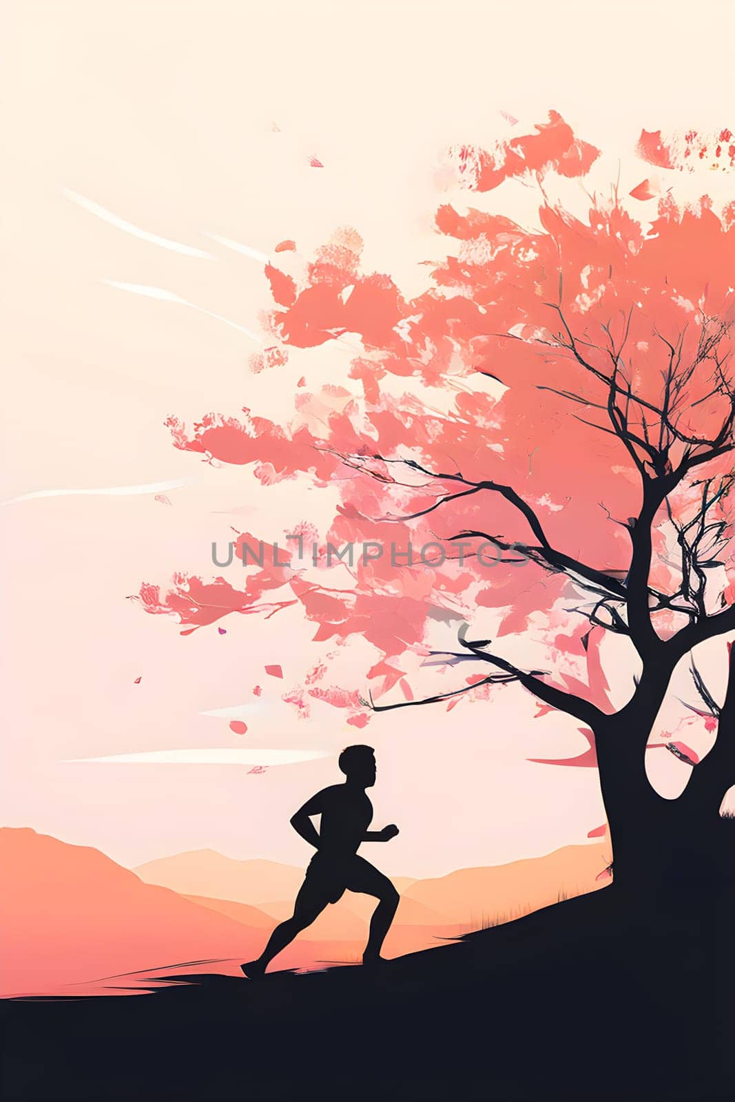 Abstract minimalist spring scene with a single, sharp silhouette of a running athlete and of a blooming tree on a vast light grey canvas, with subtle color gradients hinting at spring freshness