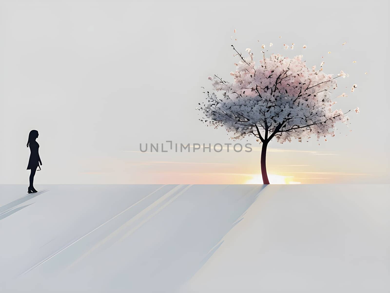 Abstract minimalist spring scene with a single, sharp silhouette of a young woman and of a blooming tree on a vast light grey canvas, with subtle color gradients hinting at spring freshness