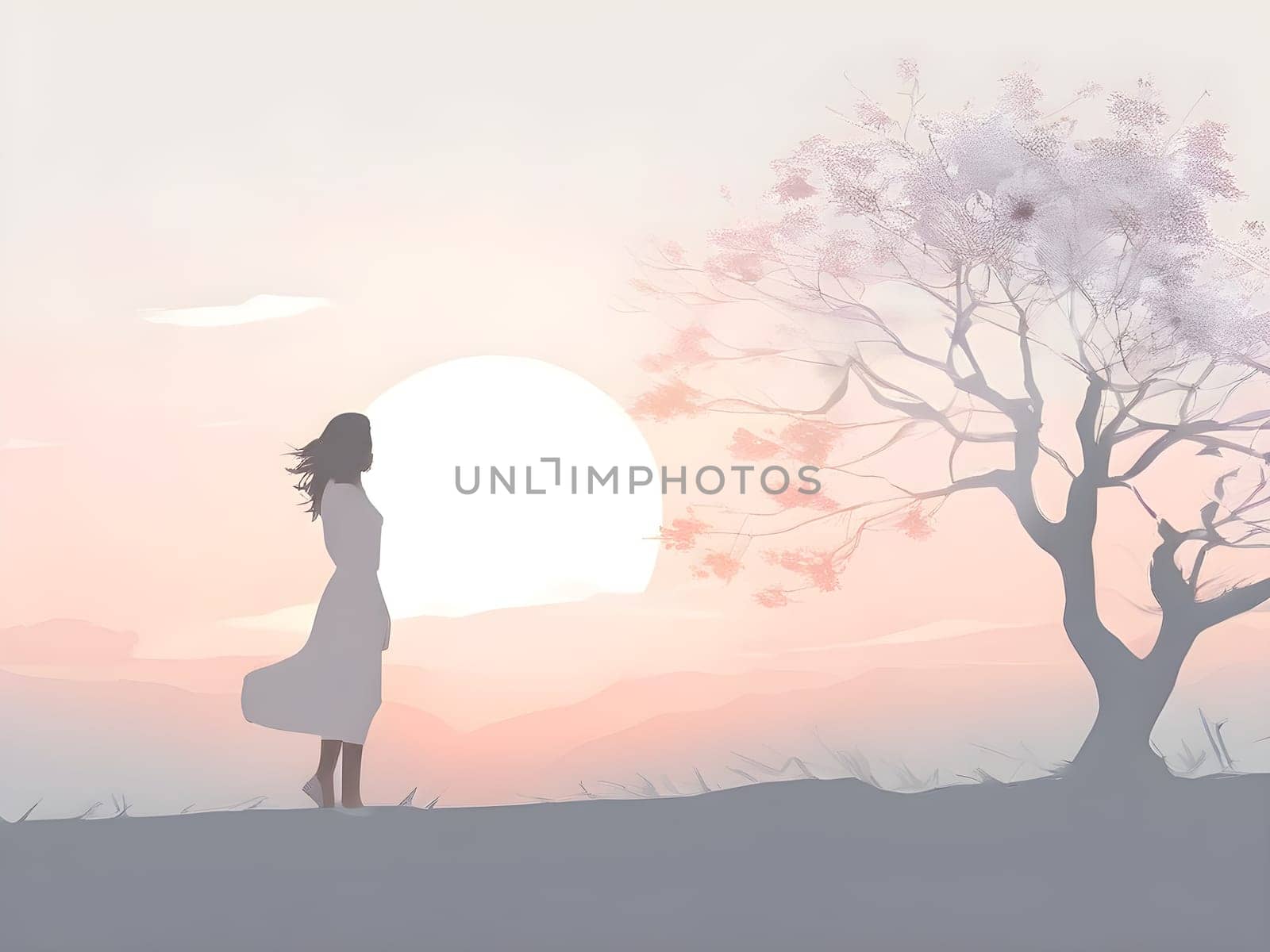 Abstract minimalist spring scene with a single, sharp silhouette of a young woman and of a blooming tree on a vast light grey canvas, with subtle color gradients hinting at spring freshness