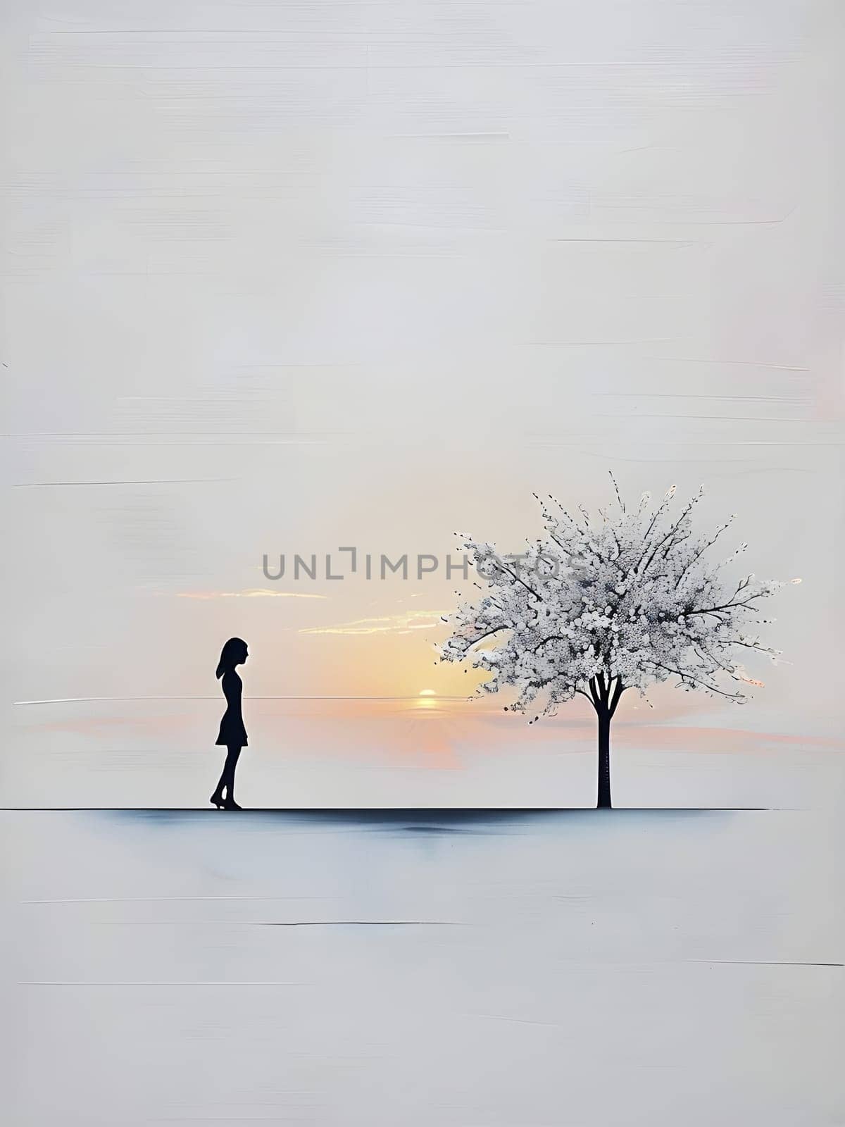 Abstract minimalist spring scene with a single, sharp silhouette of a young woman and of a blooming tree on a vast light grey canvas, with subtle color gradients hinting at spring freshness