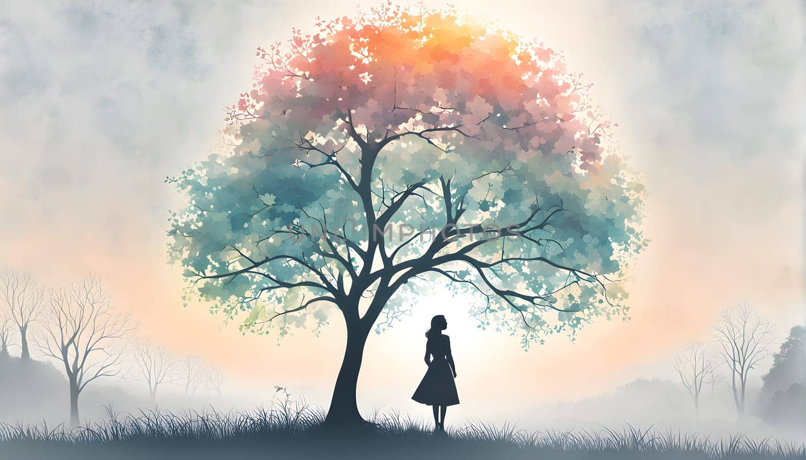 Abstract minimalist spring scene with a single, sharp silhouette of a young woman and of a blooming tree on a vast light grey canvas, with subtle color gradients hinting at spring freshness