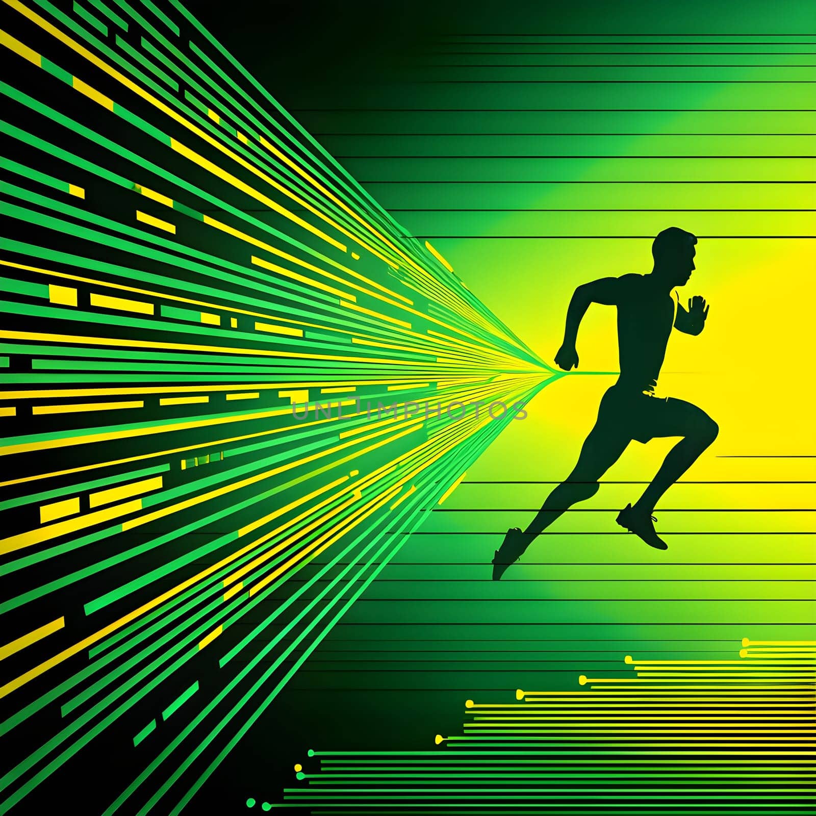 Converging digital lines and sport athletes silhouettes in vibrant colors, creating an abstract pattern to show AI’s impact in sports training