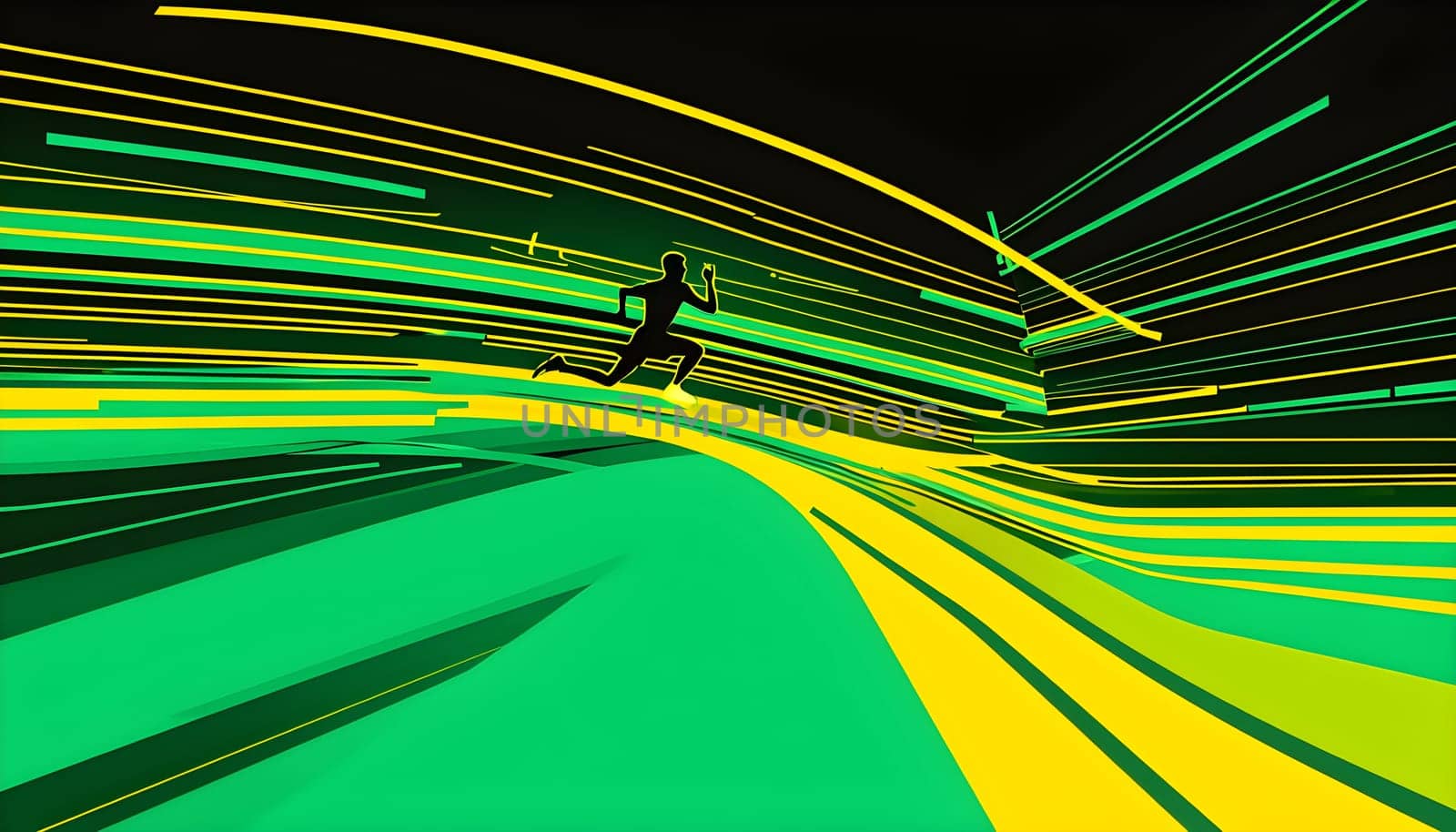 Converging digital lines and sport athletes silhouettes in vibrant colors, creating an abstract pattern to show AI’s impact in sports training