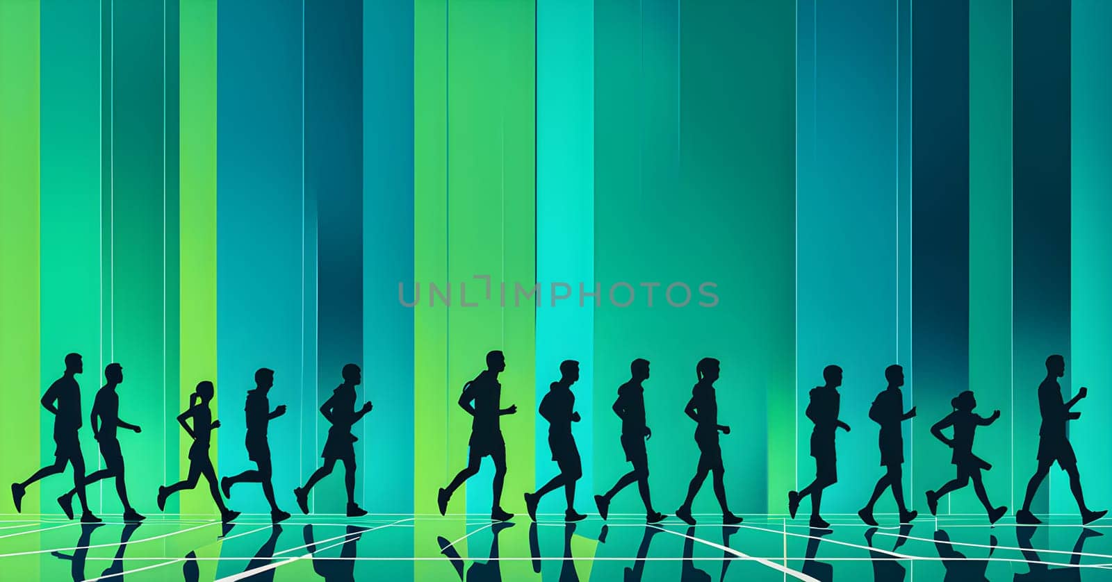 Converging digital lines and sport athletes silhouettes in vibrant colors, creating an abstract pattern to show AI’s impact in sports training
