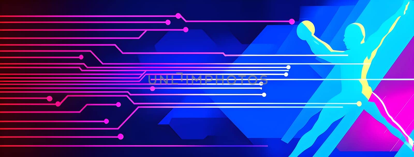 Converging digital lines and sport athletes silhouettes in vibrant colors, creating an abstract pattern to show AI’s impact in sports training