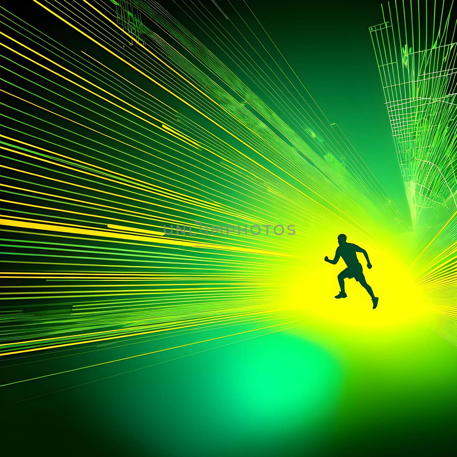Converging digital lines and sport athletes silhouettes in vibrant colors, creating an abstract pattern to show AI’s impact in sports training