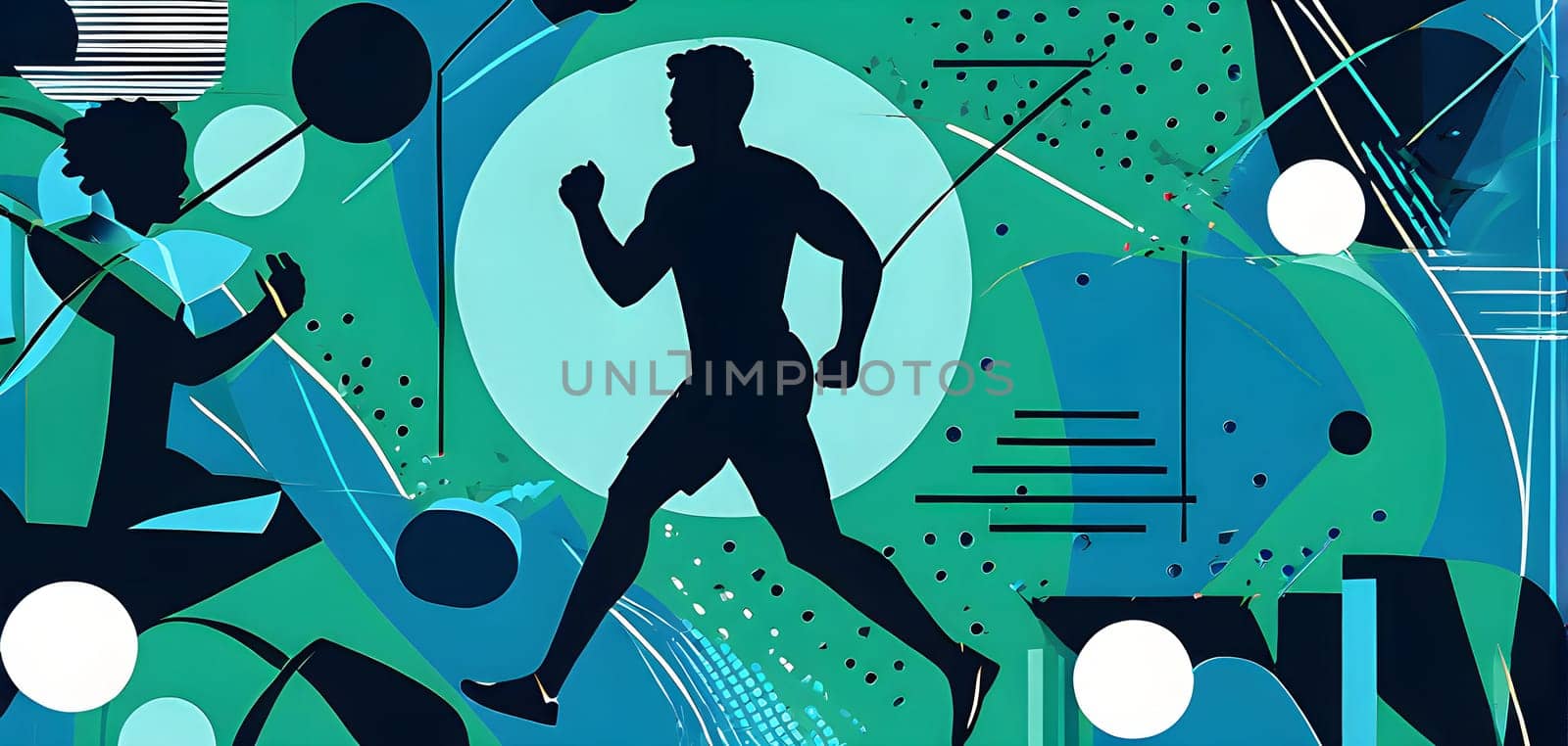Converging digital lines and sport athletes silhouettes in vibrant colors, creating an abstract pattern to show AI’s impact in sports training