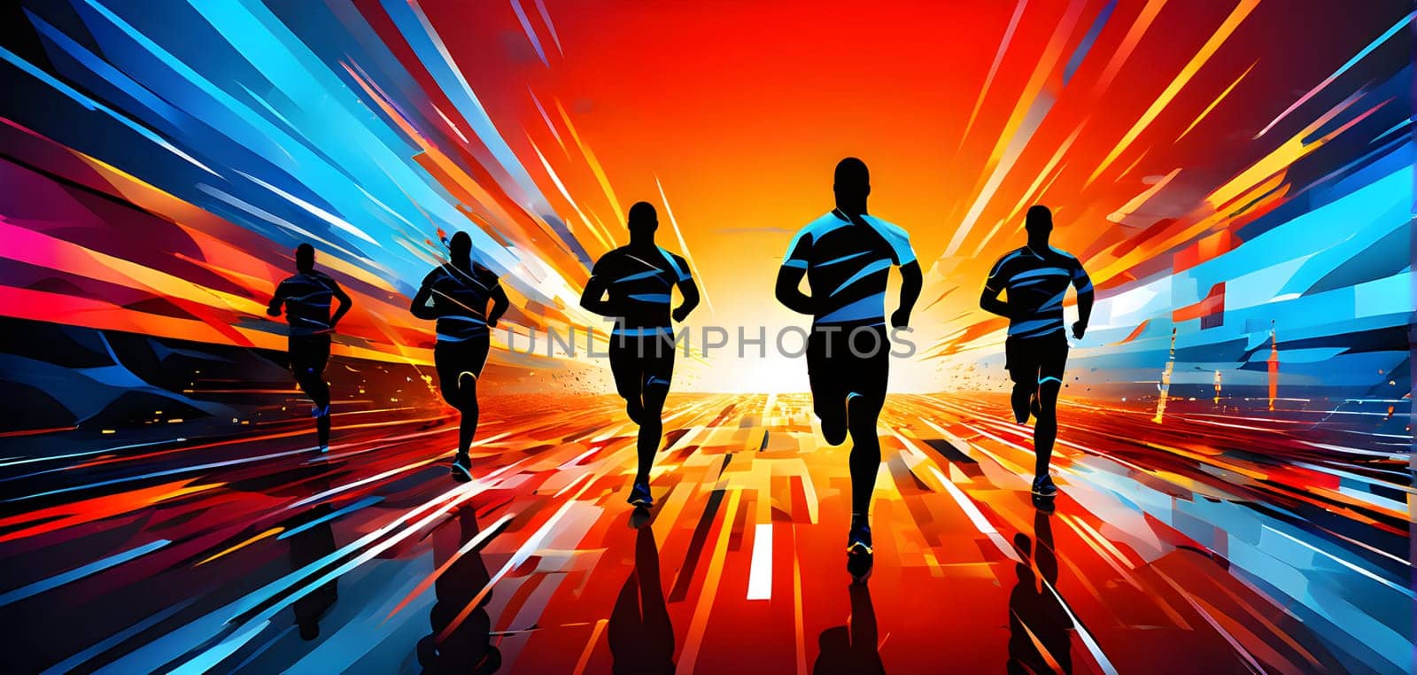 Converging digital lines and sport athletes silhouettes in vibrant colors, creating an abstract pattern to show AI’s impact in sports training