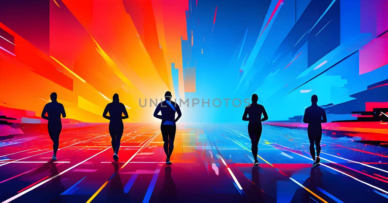 Converging digital lines and sport athletes silhouettes in vibrant colors, creating an abstract pattern to show AI’s impact in sports training